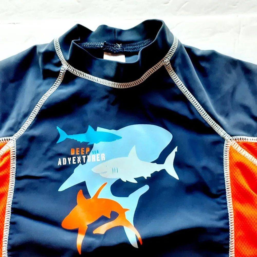 Carter's Boys Rash Guard Shark Blue Orange Swim Top 3T